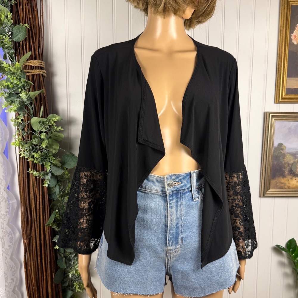 Michelle Lynn Black Open Front Cardigan Bell Sleeve Lace Detail Large